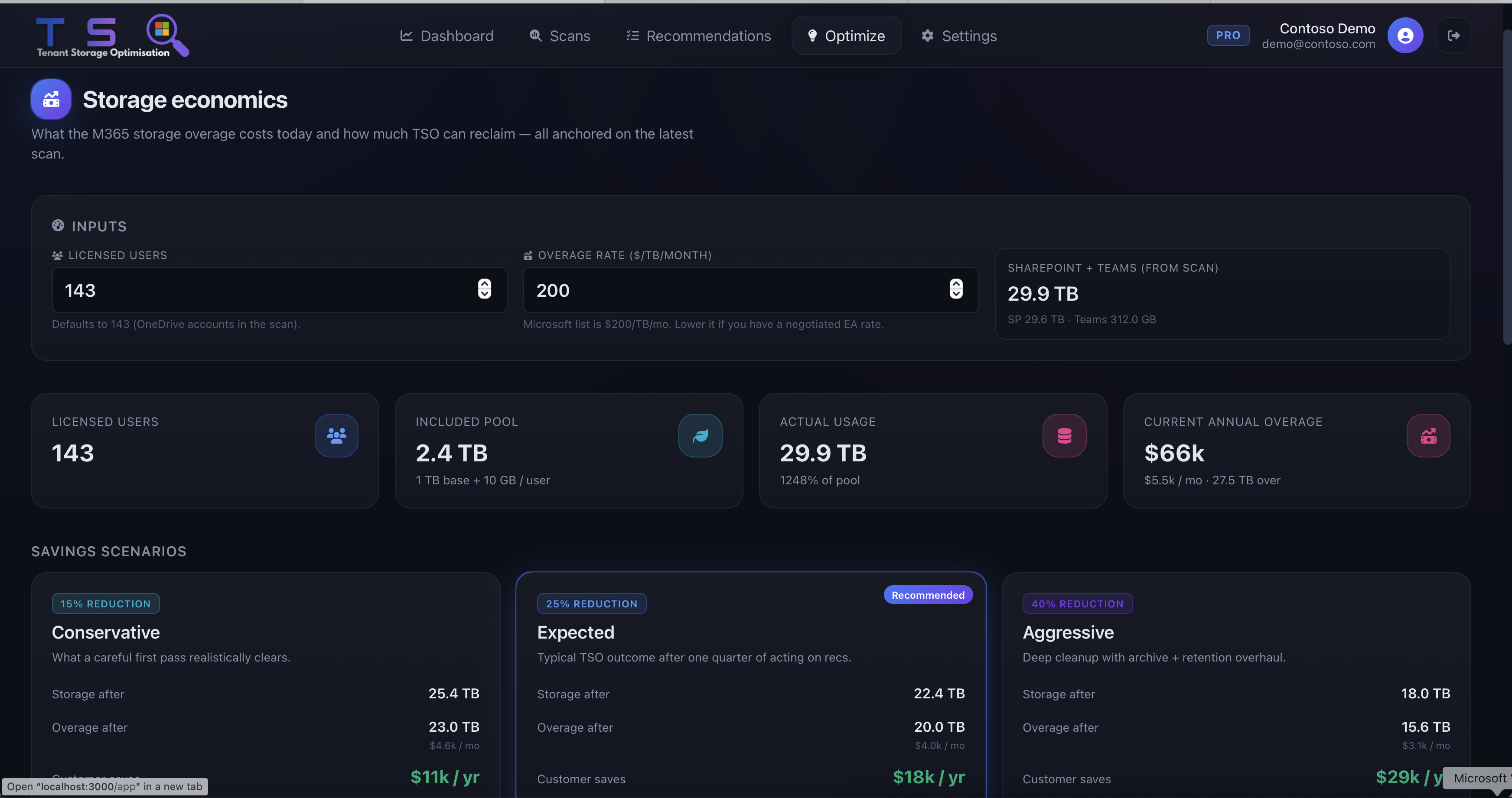 TSO Storage Optimisation calculator screen